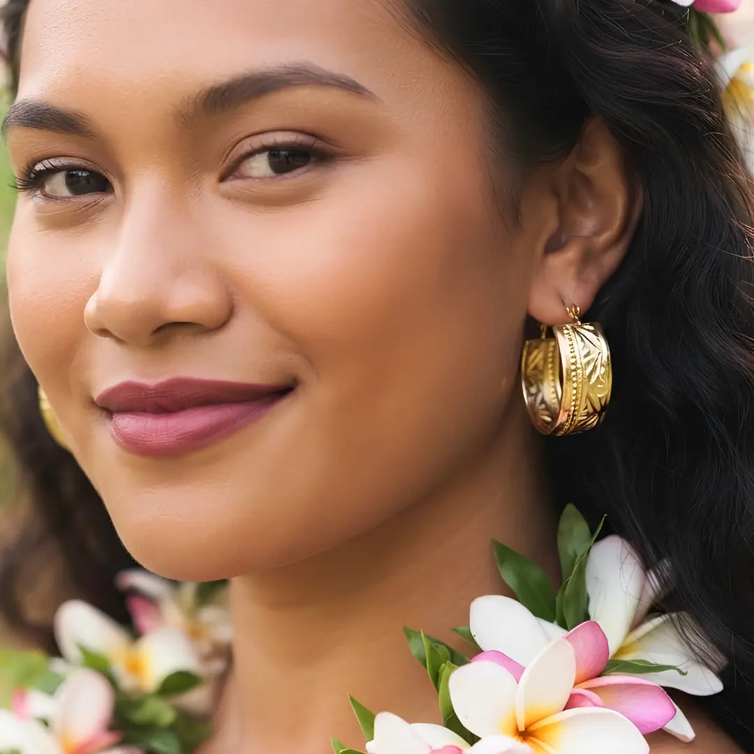 18K Gold Filled Polynesian Engraved Hoop Earrings – Pasifika Island Motif Statement Hoops
