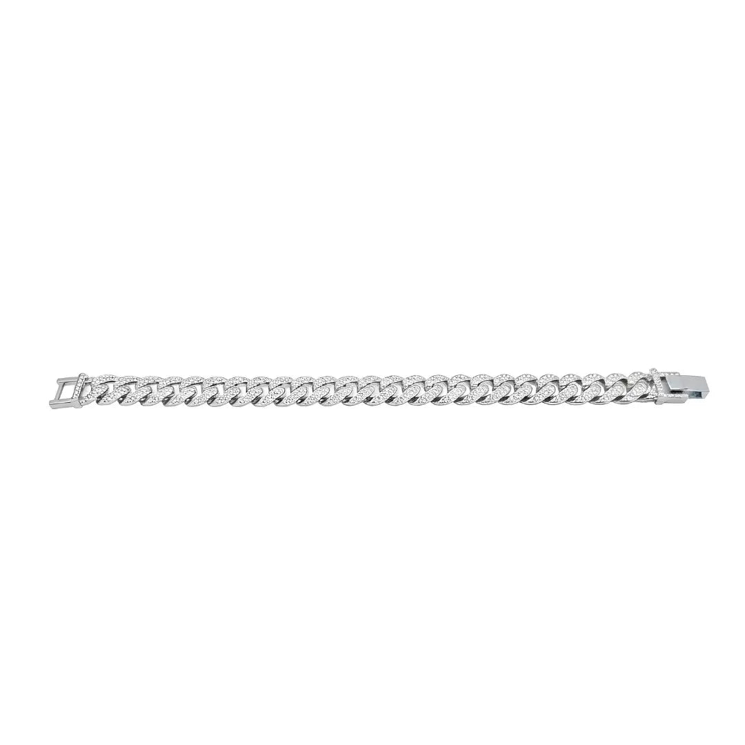 Silver Iced-Out Cuban Link Bracelet (21cm / 12mm) – Chunky Pavé Crystal Statement Wristband with Box Clasp