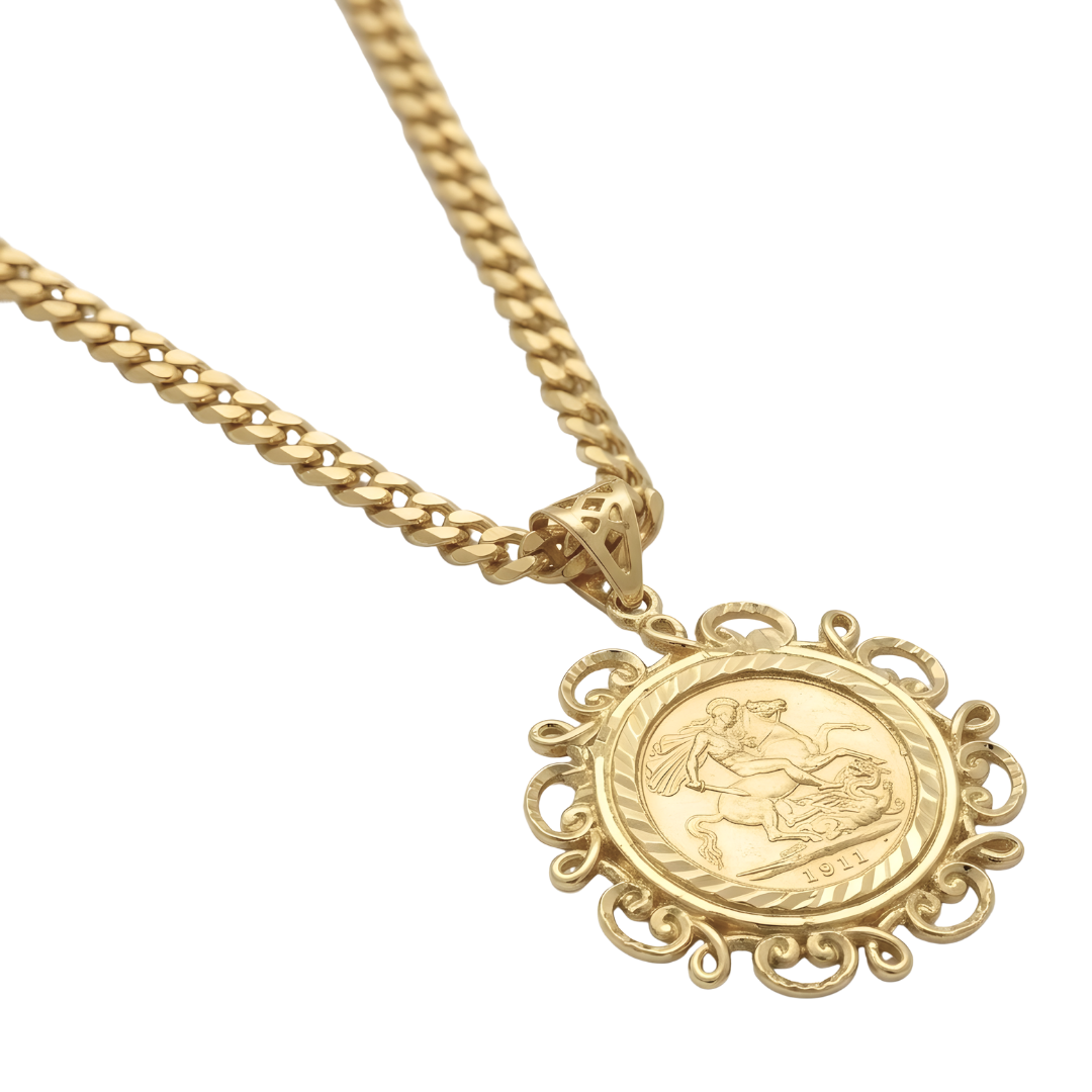 18K Gold Filled 1911 Sovereign Pendant Necklace with 60cm Cuban Link Chain