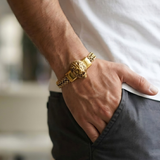 18K Gold Filled Pyramid Stud Bracelet – 20mm Wide Geometric Architectural Rivet Statement Bracelet with Pavé Accents for Men & Women (23cm)