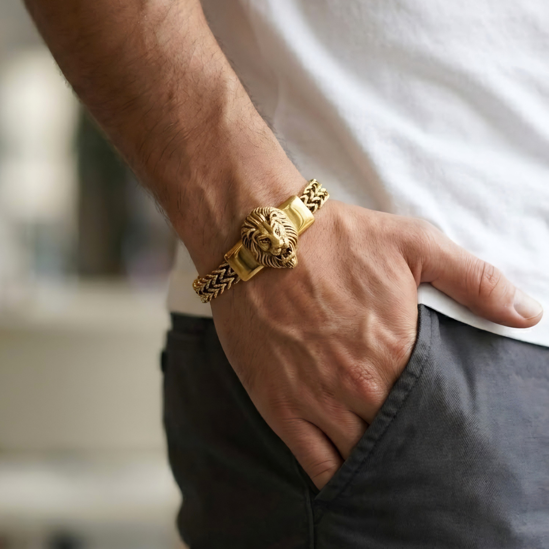 18K Gold Plated Stainless Steel Lion Head Franco Link Bracelet – Sculpted 3D Lion Centerpiece Mesh Link Bracelet for Men & Women