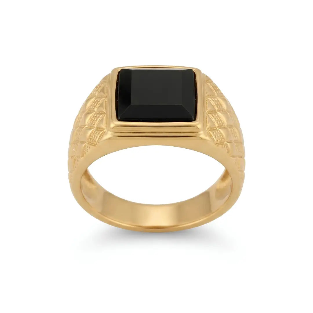 Black Onyx Signet Ring – Textured Square Face | Tarnish Proof (US Sizes 8, 9 & 10)