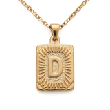 18K Gold Filled Initial Alphabet Pendant Necklace (A to Z) – Sunburst Rectangular Dog Tag Letter Necklace for Women