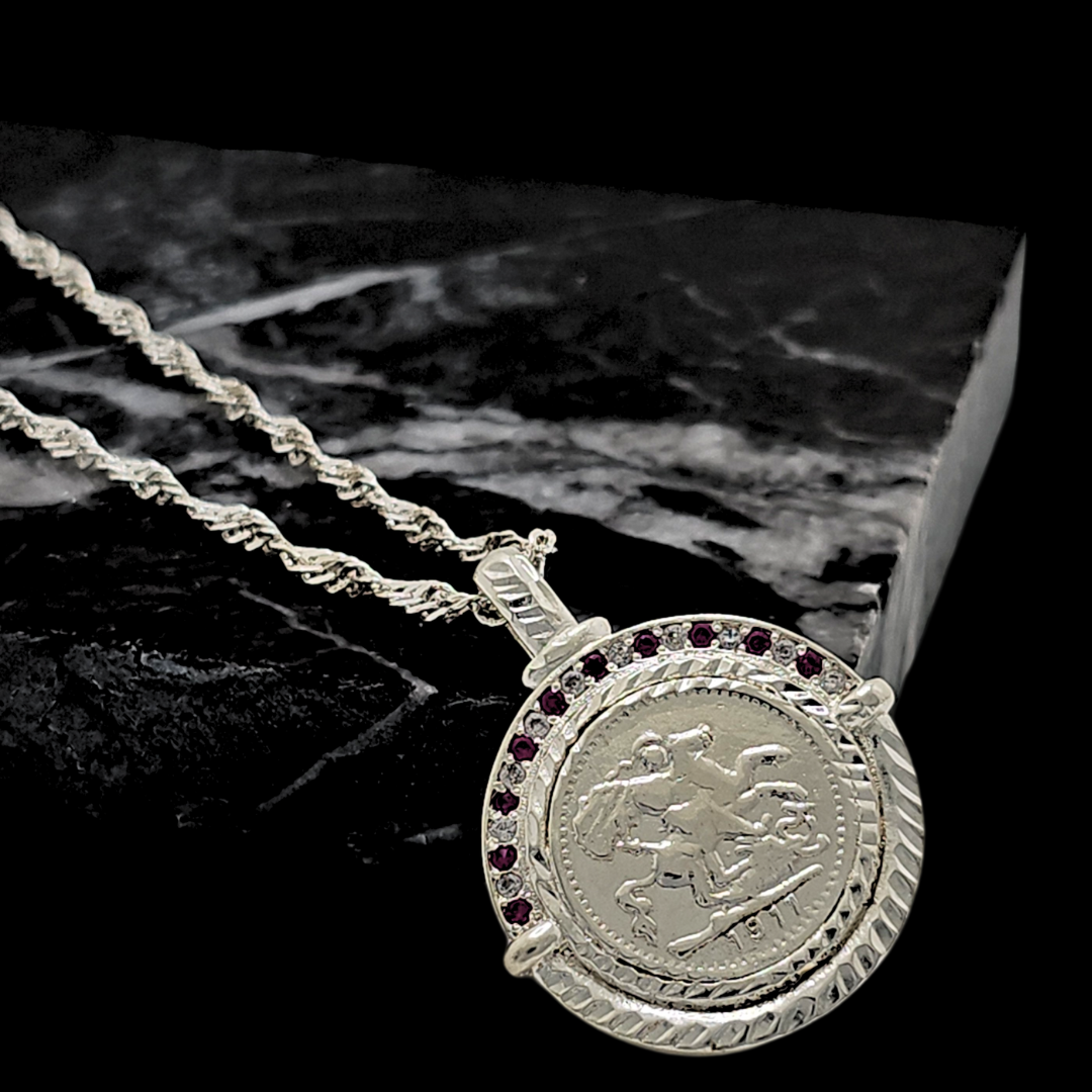 Silver Rhodium Plated Sovereign  Pendant With Ruby & CZ