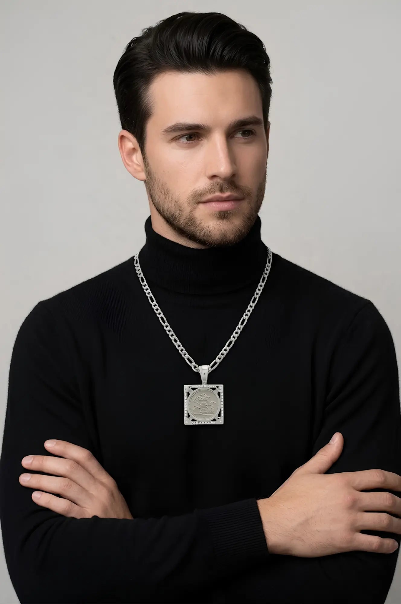 Silver Rhodium Plated Square Sovereign Pendant Necklace
