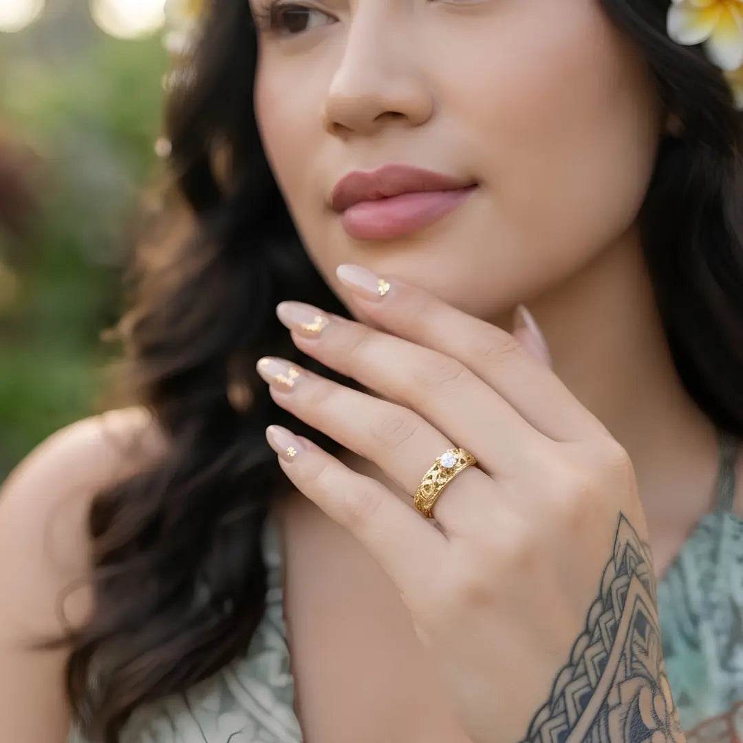 18K Gold Filled Heirloom Filigree Engagement Ring – Hawaiian Scroll CZ Solitaire Ring for Women