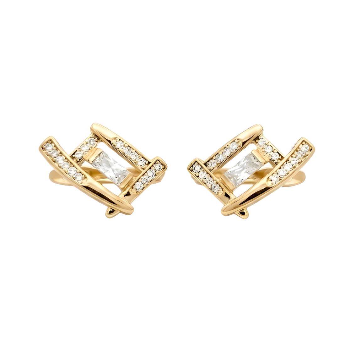 18K Gold Filled Geometric Square Huggie Earrings – Baguette & Pavé Cubic Zirconia Openwork Hoop Earrings