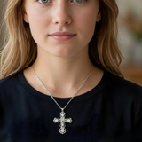 Silver Rhodium Plated Crucifix Cross Pendant Necklace with Diamonds – Vintage Filigree Diamond-Set Crucifix for Men & Women