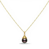 14K Gold Filled Peacock Green Shell Pearl Pendant Necklace – 12mm Iridescent Pearl Figaro Chain Necklace (58cm) for Women & Men
