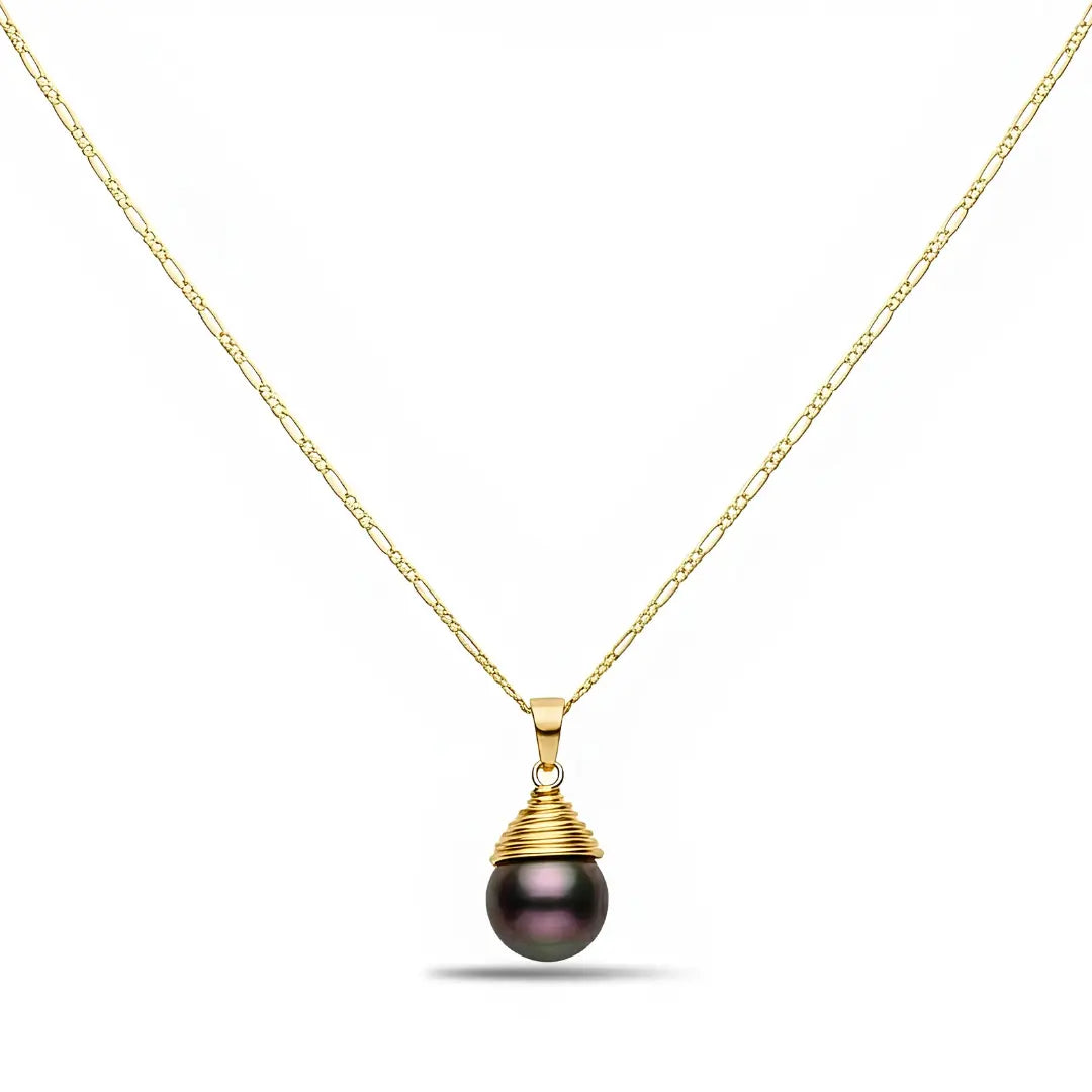 14K Gold Filled Peacock Green Shell Pearl Pendant Necklace – 12mm Iridescent Pearl Figaro Chain Necklace (58cm) for Women & Men