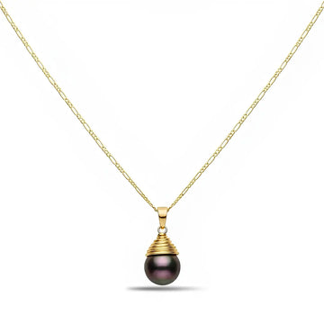 14K Gold Filled Peacock Green Shell Pearl Pendant Necklace – 12mm Iridescent Pearl Figaro Chain Necklace (58cm) for Women & Men