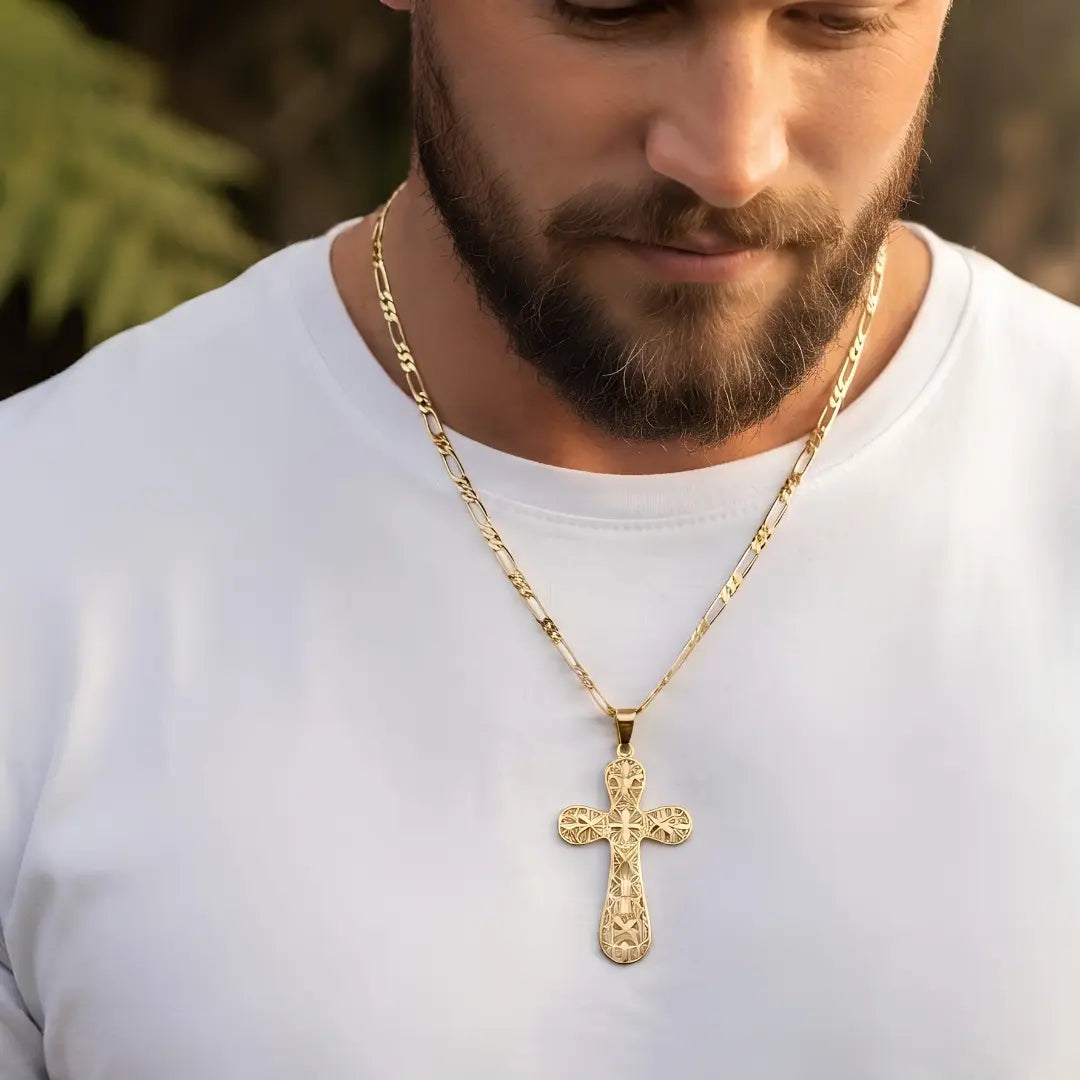 18K Gold Filled Filigree Crucifix Pendant Necklace – 50cm 4mm Figaro Chain Cross Necklace for Men & Women
