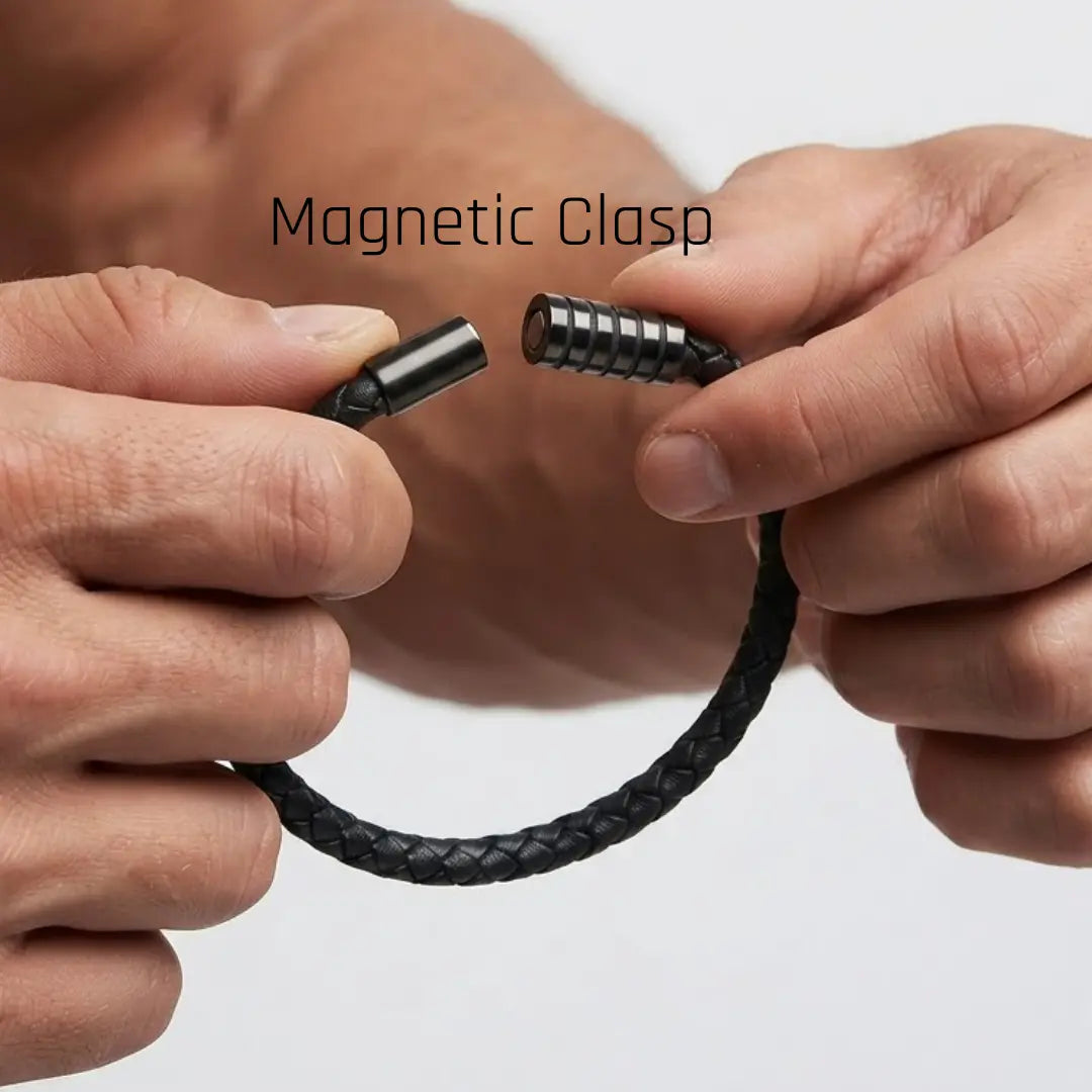 Braided Black Leather Bracelet with Gunmetal Magnetic Clasp (21cm) – Rugged Men's Casual Wristwear