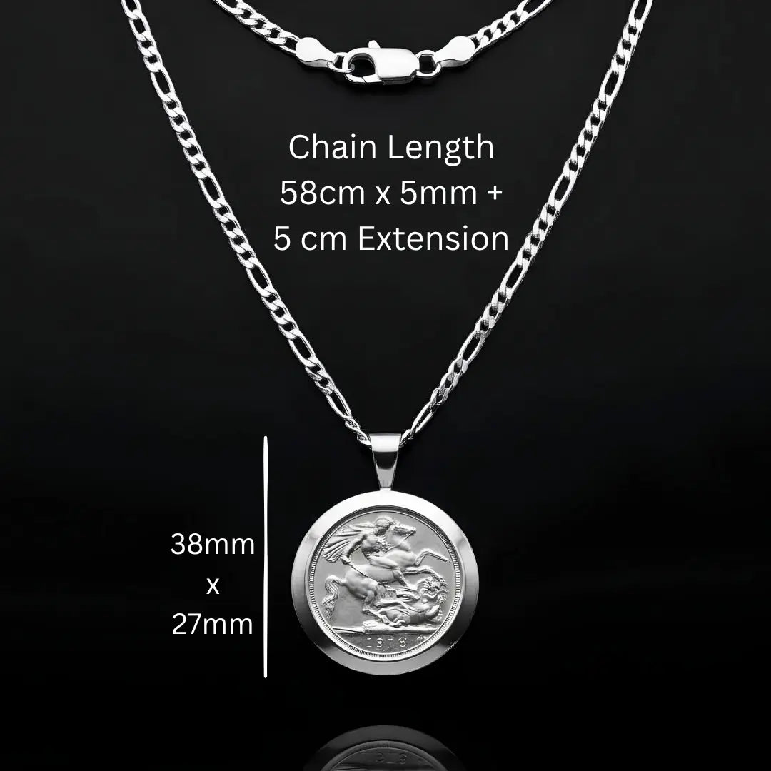 1913 Sovereign Coin Pendant Necklace in Silver Rhodium Plated Tarnish-Proof Finish with Figaro Chain