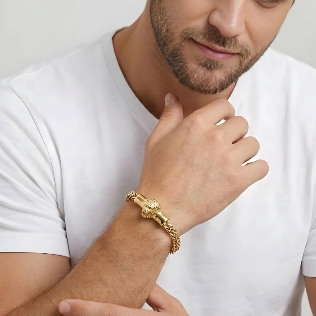 18K Gold Plated Stainless Steel Lion Head Franco Link Bracelet – Sculpted 3D Lion Centerpiece Mesh Link Bracelet for Men & Women