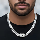 48CM X 14MM Iced-Out Miami Cuban Link Chain for Men –  Silver Pave Diamond Hip Hop Necklace with Secure Box Clasp