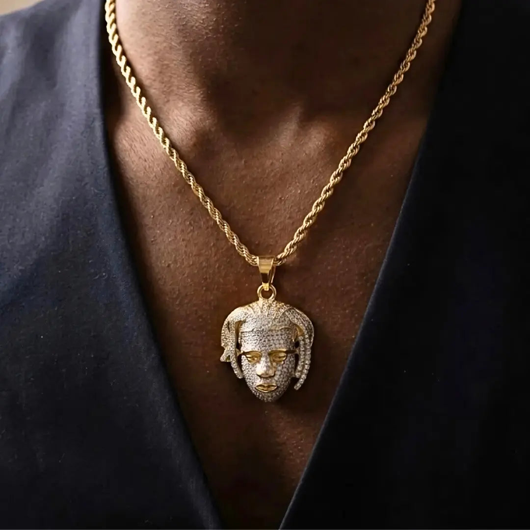 18K Gold Filled Iced Out Face Pendant Necklace with 64cm Rope Chain