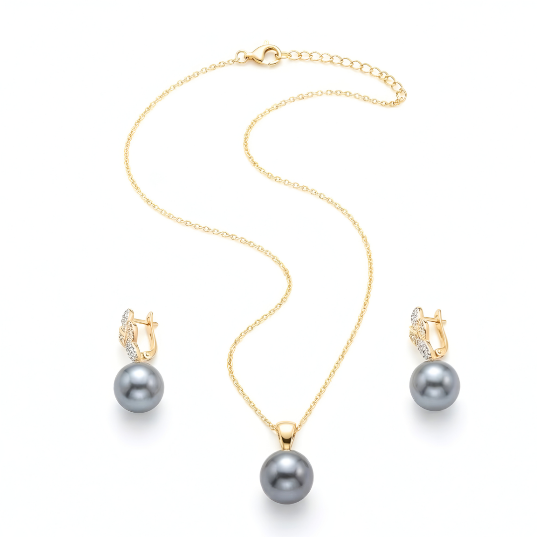 18K Gold Filled Hawaiian Pearl Necklace  with Diamond Huggie Earrings