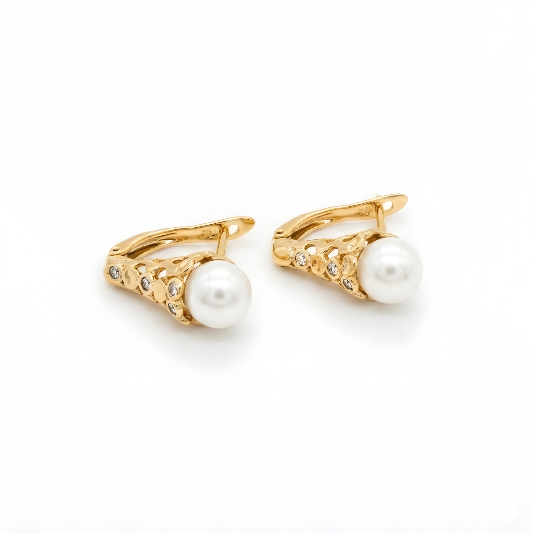 18K Gold Filled Huggie Earrings with Cubic Zirconia & Pearl