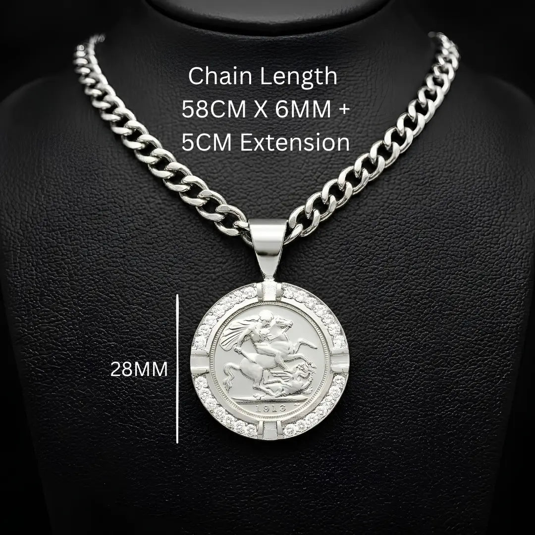 1913 Sovereign Pendant with Diamonds & Cuban Link Chain - Silver Rhodium Plated Tarnish-Proof