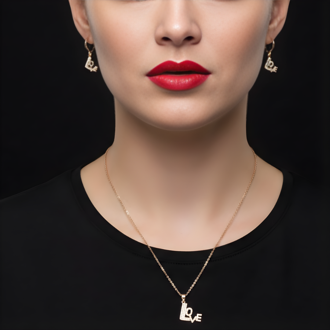 18K Rose Gold Filled LOVE Pendant Necklace With Earrings