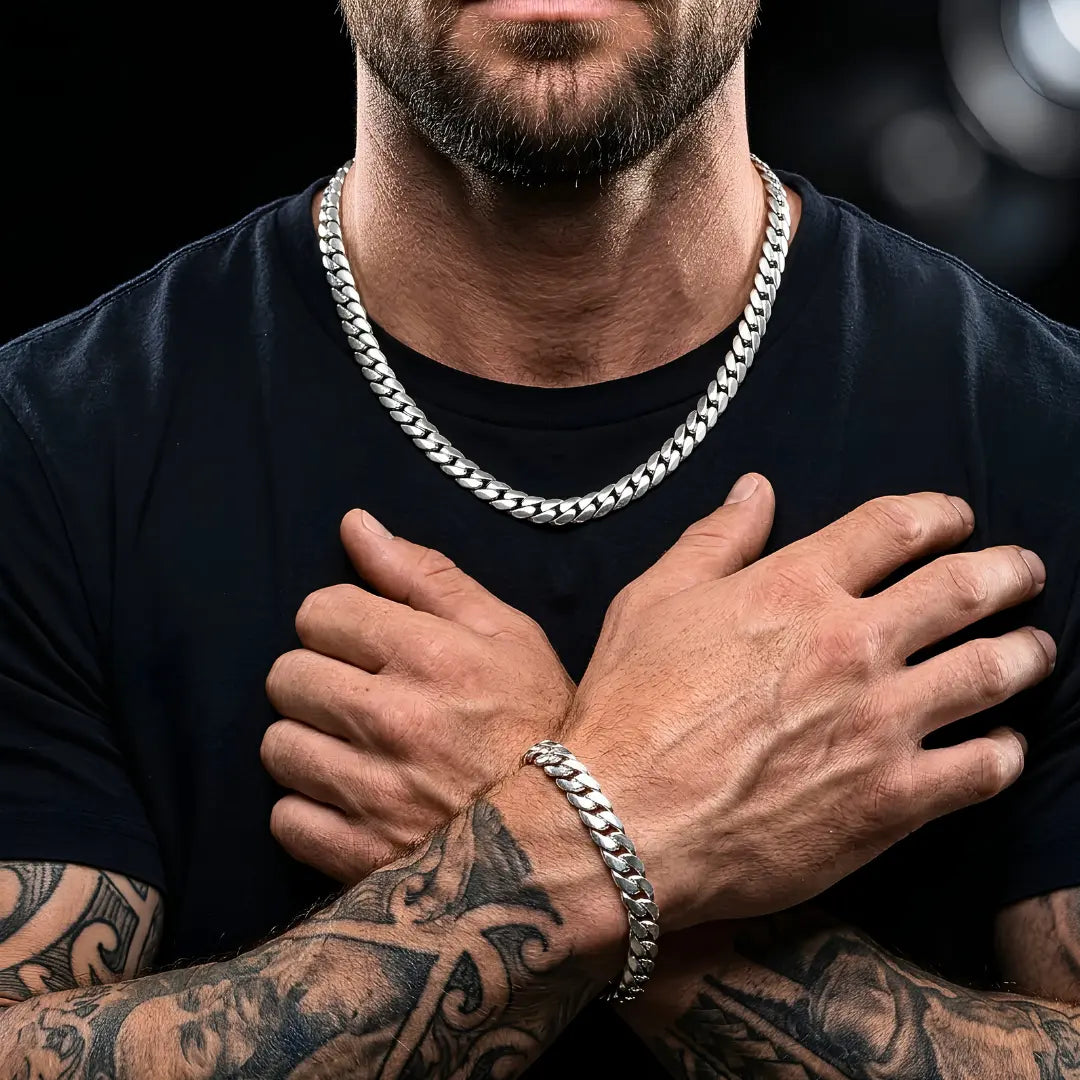 50Cm X 6Mm Stainless Steel Silver Cuban Link Chain & Bracelet Set