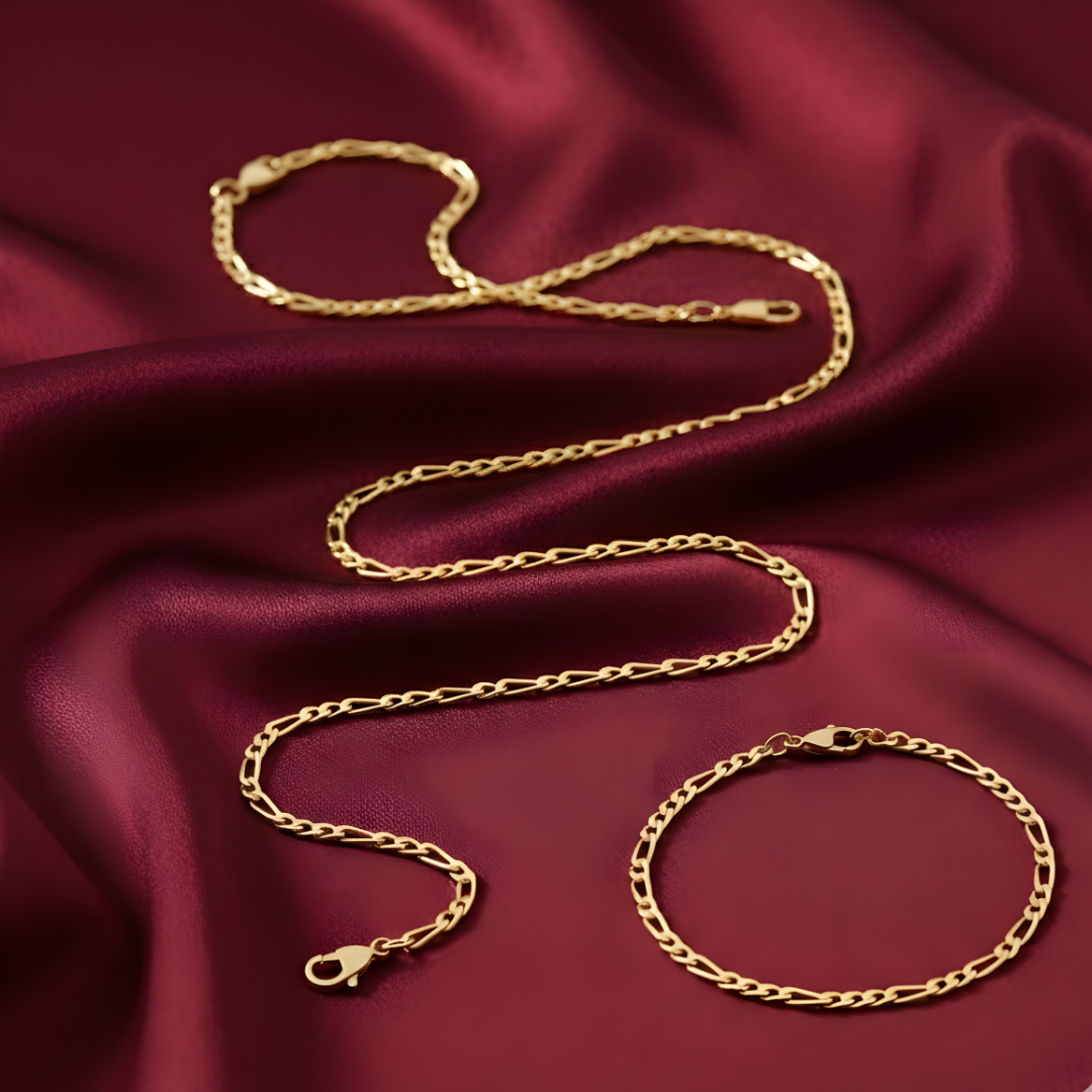 18K Gold Filled Tarnish Proof Figaro Chain & Bracelet Set