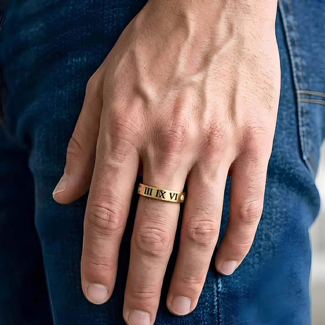 Unisex Gold Roman Numeral Diamond Ring