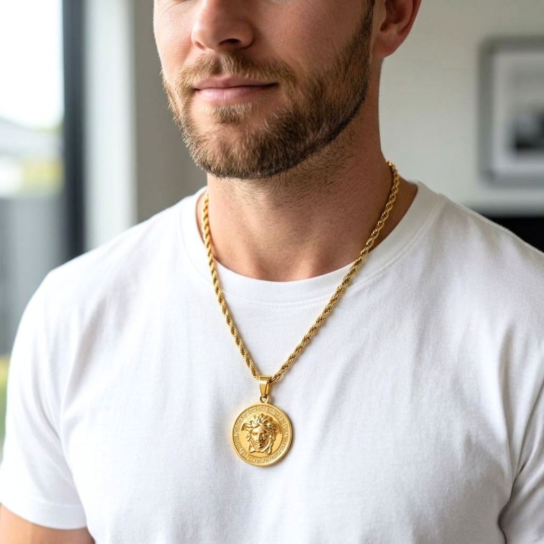 18K Gold Filled Iconic Greek Medusa Head Pendant Necklace – 25mm Medallion with Rope Chain