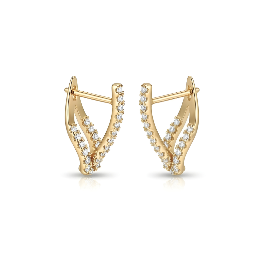 18K Gold Filled Cross-Over V-Shape CZ Huggie Earrings – Double-Row Pavé Chevron Hoop Earrings for Women