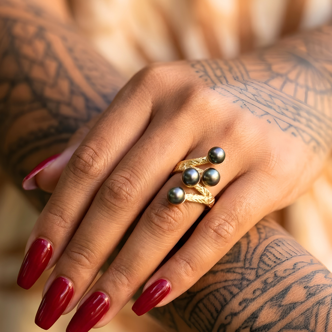 14K Gold Filled Adjustable Hawaiian Rainbow Black Pearl Ring – Multi-Pearl Bypass Statement Ring