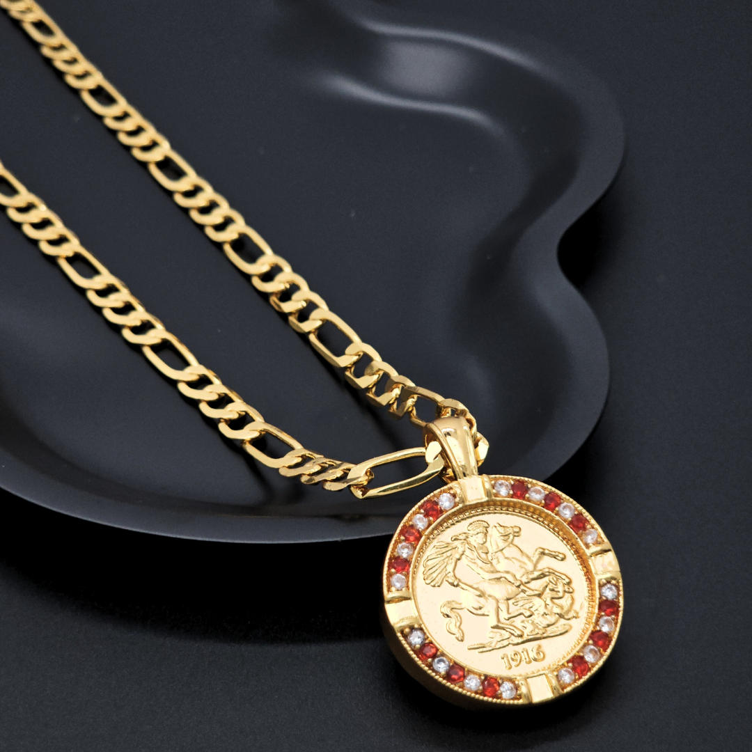 Gold Filled Customized  Tarnish Proof Full Sovereign Pendant Necklace With Ruby & CZ