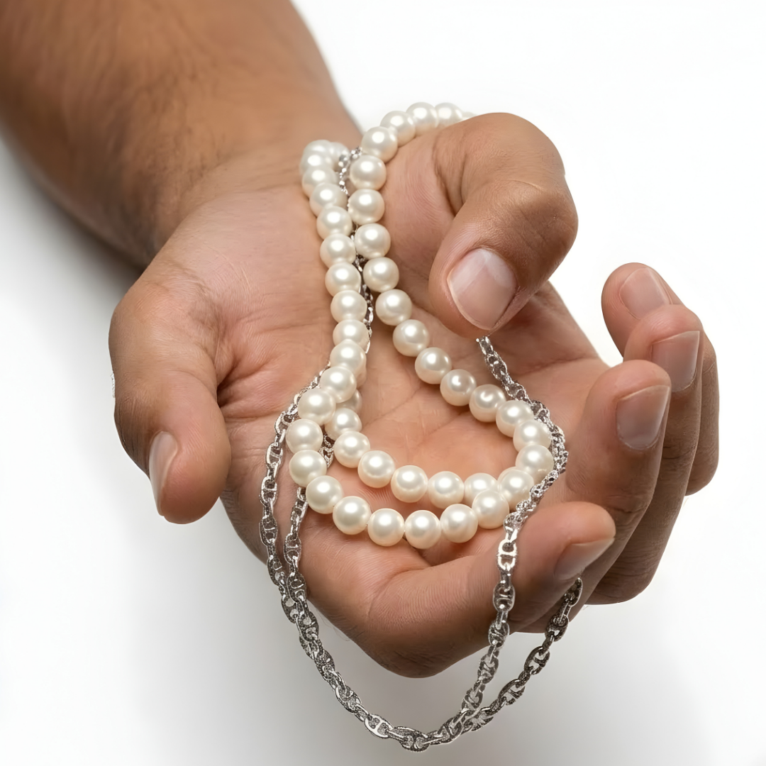 Silver Rhodium Plated Chain & Pearl Duo
