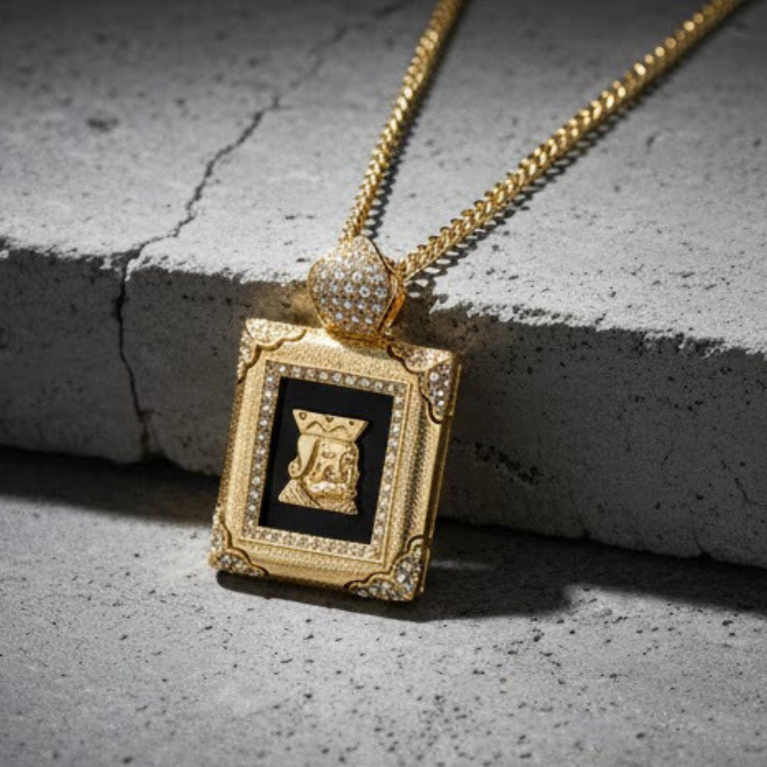 14K Gold Filled Frame Pendant Necklace – Rectangular Black Stone & Gold Medallion Charm