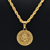 18K Gold Filled Medusa Head Medallion Rope Chain Necklace – Engraved Greek Key Coin Pendant Necklace for Men & Women