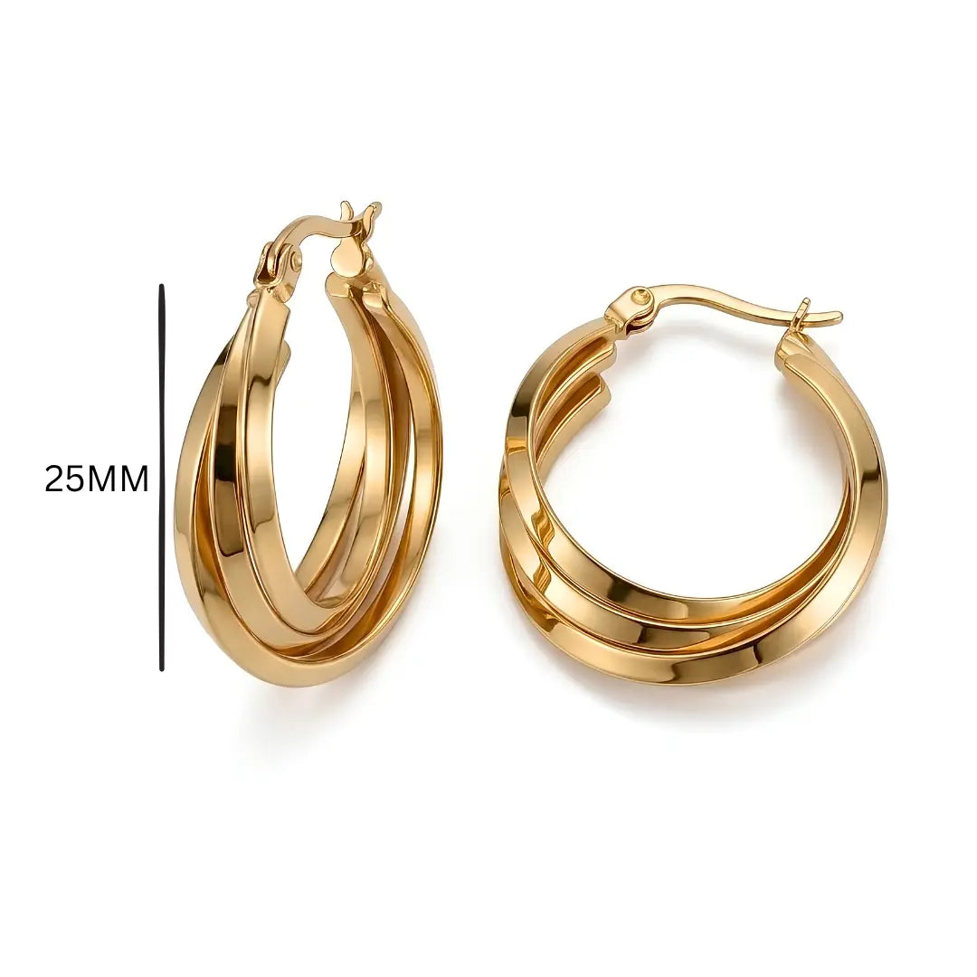 Hawaiian 14K Gold Filled Triple Strand Hoop Earrings – Tarnish-Proof 25mm