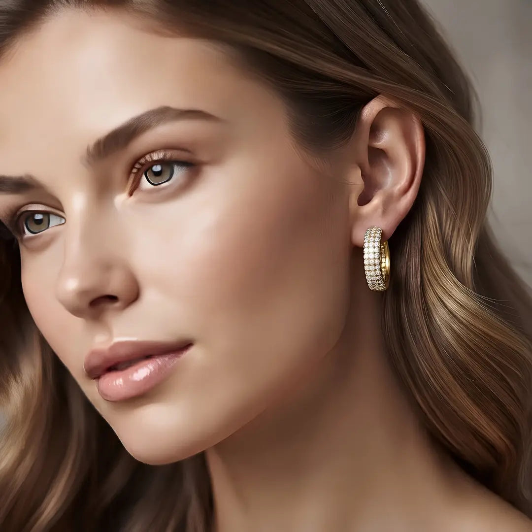 18K Gold Filled Diamond Huggie Hoop Earrings – 15mm x 15mm Pavé Crystal Click-Lock Earrings for Women