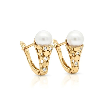 18K Gold Filled Huggie Earrings with Cubic Zirconia & White Pearl Charm – 12mm Dainty Pavé Mini Hoop Earrings for Women