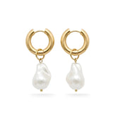 18K Gold Filled Chunky Hoop Earrings with White Baroque Pearl Drops – Organic Pearl Huggies for Women
