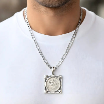 Silver Rhodium Plated Square Sovereign Pendant Necklace – 20mm x 20mm 1911 Medallion with Pavé CZ Frame & 60cm x 6mm Figaro Chain for Men