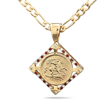 18K Gold Filled Square Sovereign Pendant Necklace with Ruby & Cubic Zirconia Accents – 60cm Figaro Chain Heritage Medallion Necklace for Men