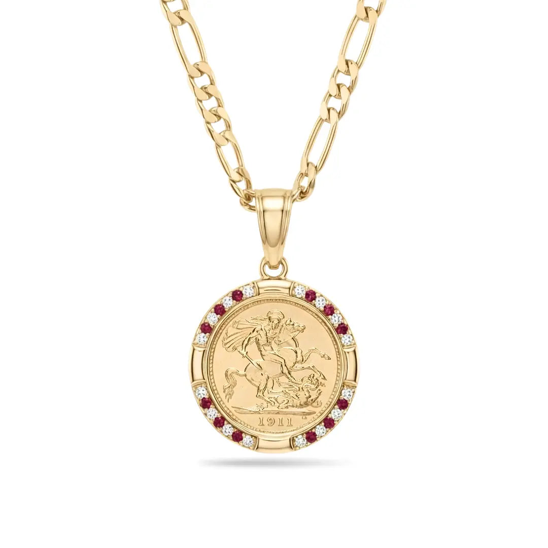 18K Gold Filled 1911 Full Sovereign Pendant Necklace with Ruby & Cubic Zirconia Halo – 24mm Medallion with 60cm Figaro Chain for Men