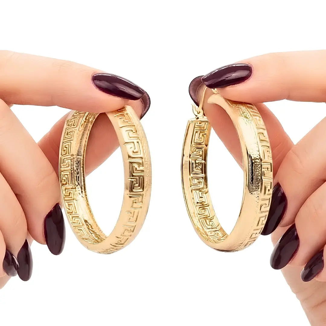 18K Gold Filled Greek Key Hoop Earrings – 30mm x 6mm Continuous Meander Geometric Wide Hoops for Women