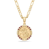 18K Gold Filled 1911 Full Sovereign Pendant Necklace with Ruby & Cubic Zirconia Halo – 24mm Medallion with 60cm Figaro Chain for Men