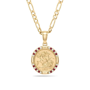 18K Gold Filled 1911 Full Sovereign Pendant Necklace with Ruby & Cubic Zirconia Halo – 24mm Medallion with 60cm Figaro Chain for Men