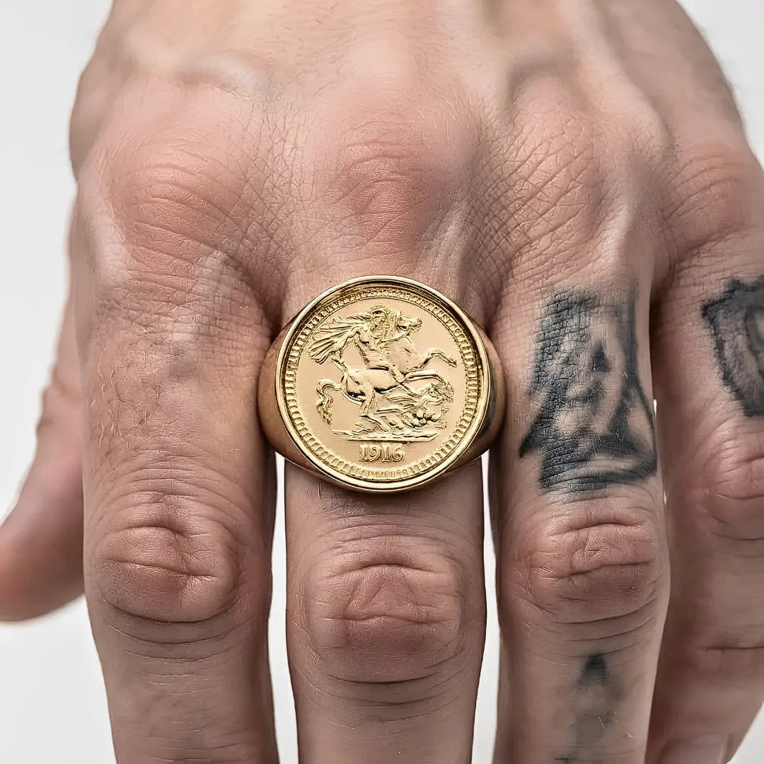 18K Gold Filled 1916 Full Sovereign Ring – Vintage Commemorative Coin Medallion Statement Band for Men