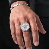 Silver Rhodium Plated Mythic Head Statement Ring – Sculpted High-Relief Figural Ring for Men