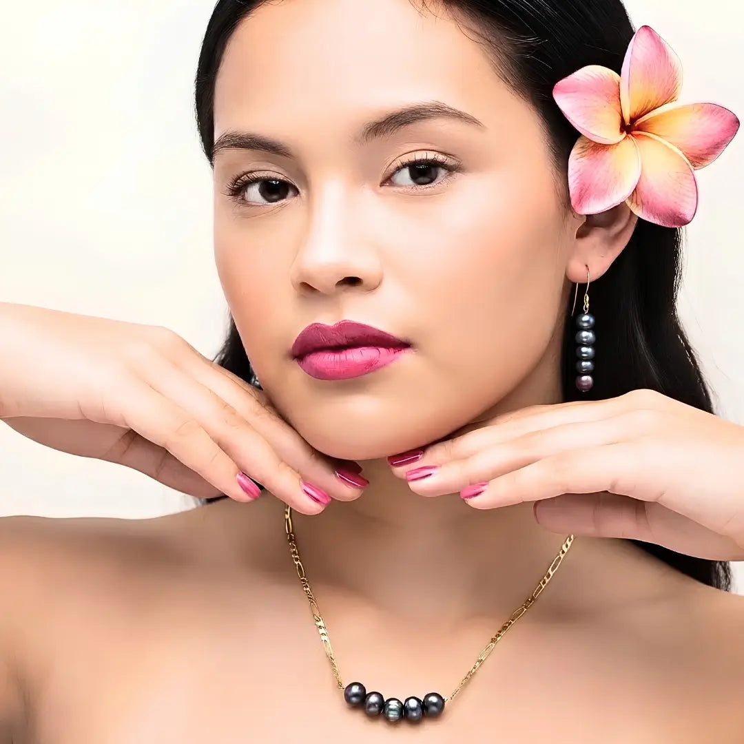 18K Gold Filled Black Baroque Pearl Set – 40mm Statement Organic Pendant Necklace with 60cm Figaro Chain & 40mm Matching Drop Earrings