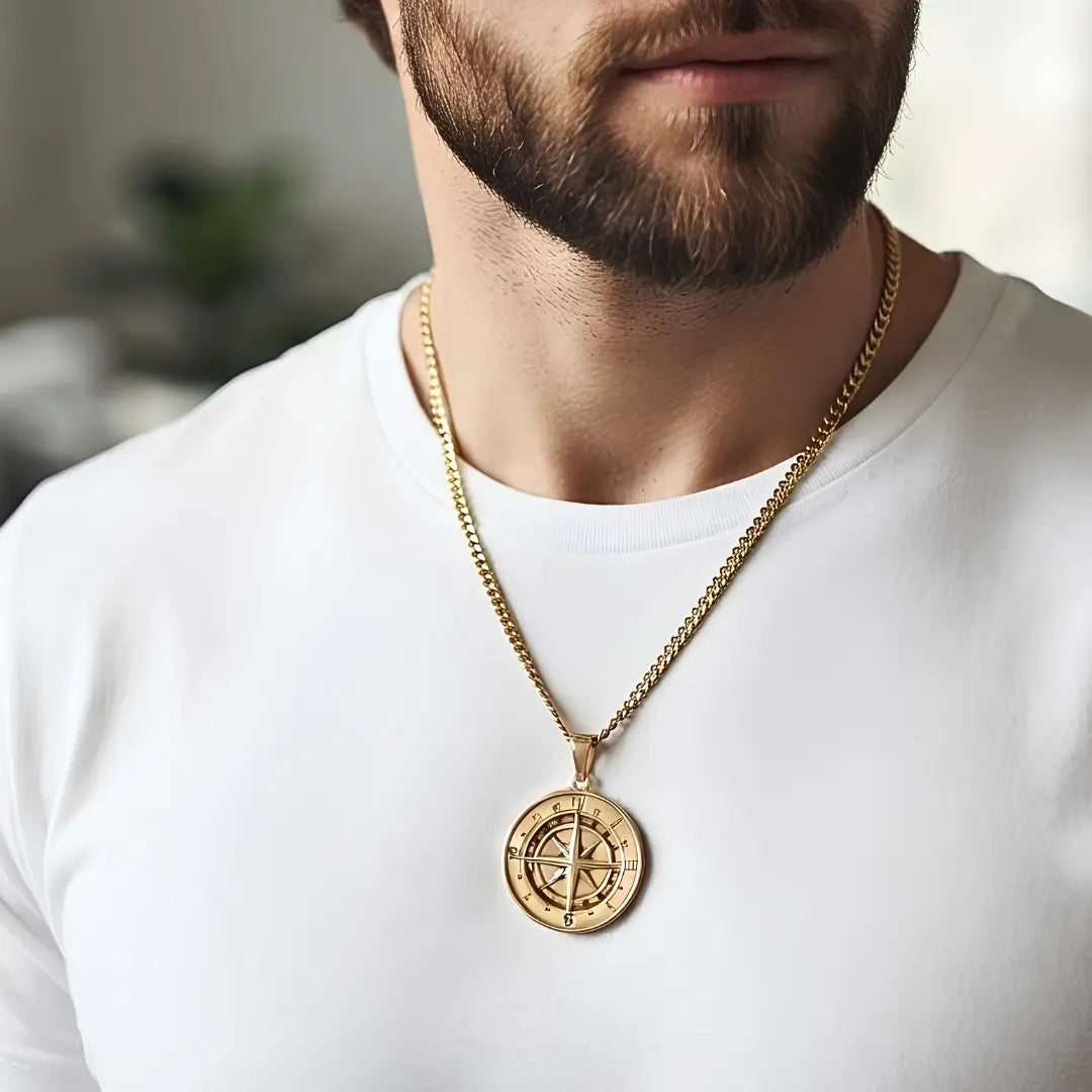 18K Gold Filled Compass Coin Medallion Pendant Necklace – Nautical Star with Cardinal Direction Markers & 60cm x 3mm Cuban Link Chain for Men