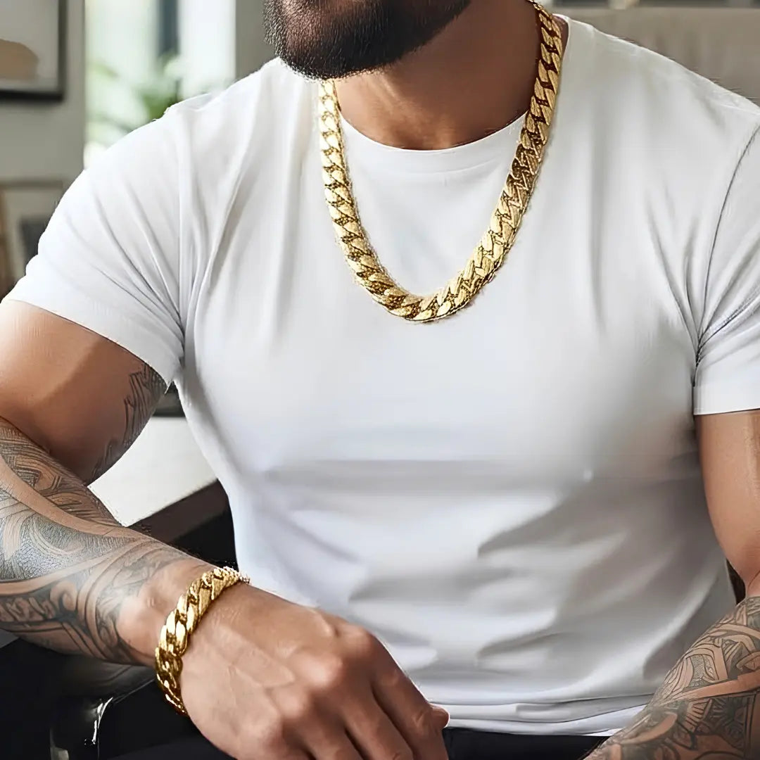 18K Gold Filled Heavy Cuban Link Chain & Bracelet 2-Piece Set – 12mm Flat-Beveled Curb Links (60cm Necklace & 23cm Bracelet) for Men